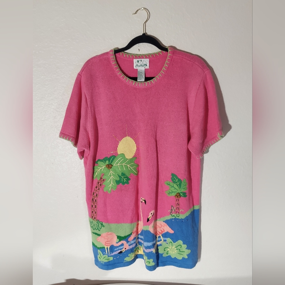 The Quacker Factory Vintage Pink/Multi Flamingo Trooical Knit Sweater WM Size L